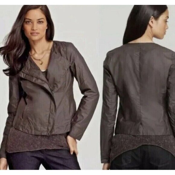 Eileen Fisher Women's Sz PM Brown Waxed Cotton Asymmetric Moto Zip Front Jacket - Picture 10 of 10